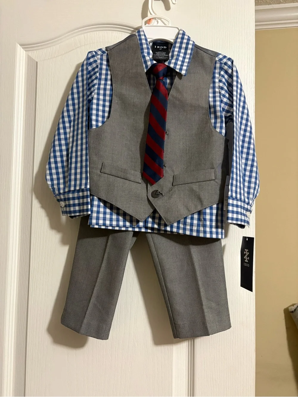 Izod Boys Gray Vest Suit Set with Blue Gingham Shirt and Red Navy Tie